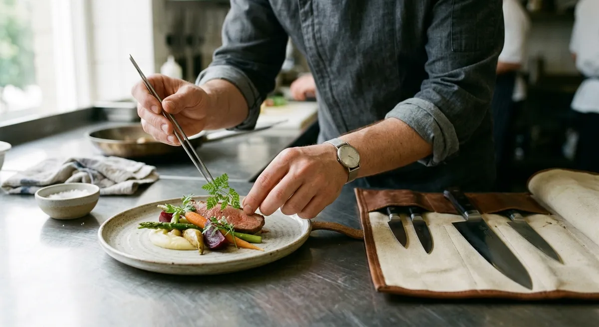 Mains de chef dressant une assiette près d’une mallette de couteaux